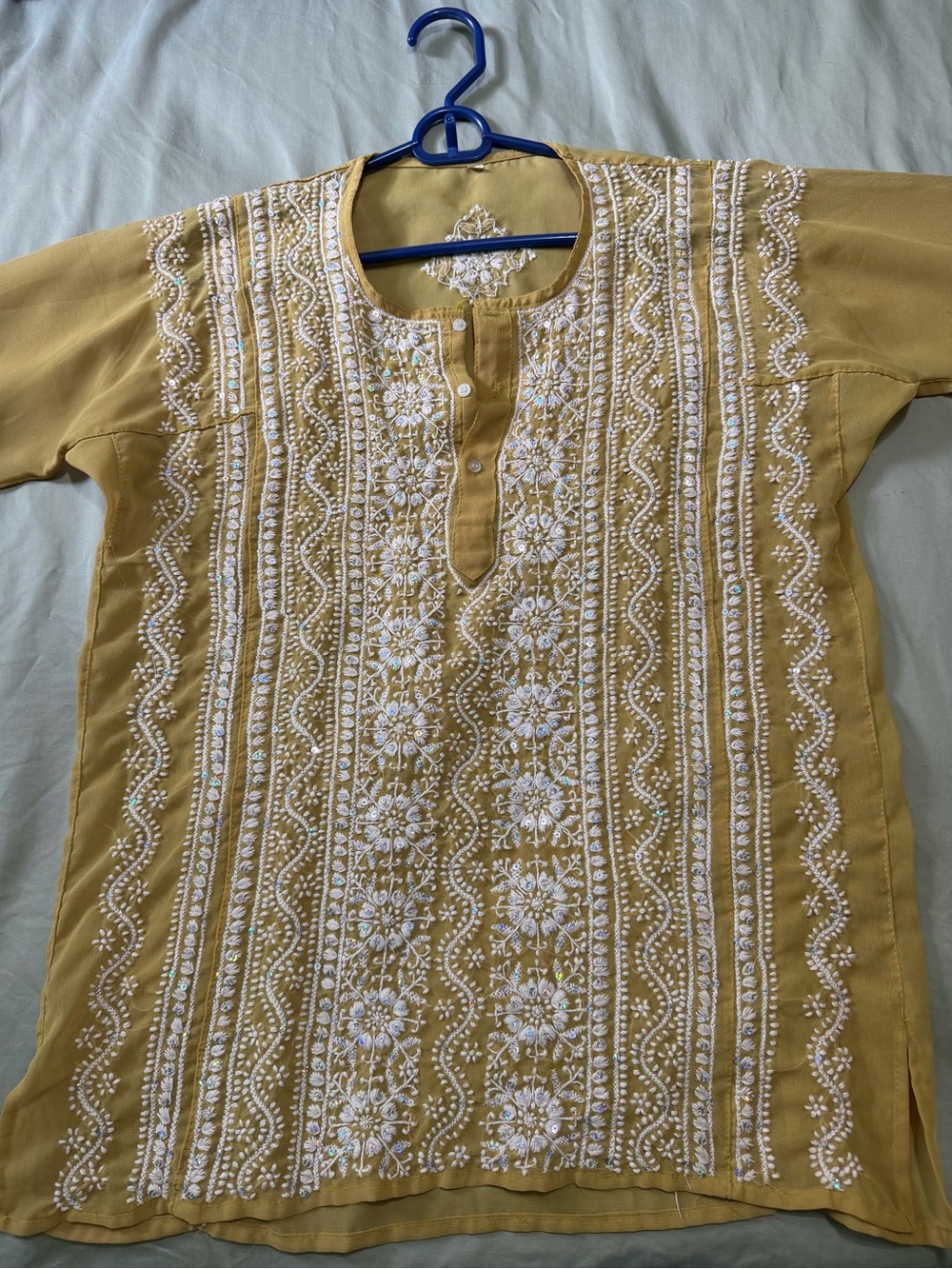 Mustard Embroidered Women’s Kurta with White Thread Detailing